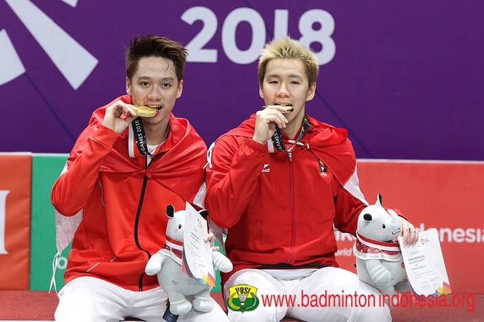 Kevin Sanjaya Sukamuljo/Marcus Fernaldi Gideon meraih medali emas Asian Games 2018.