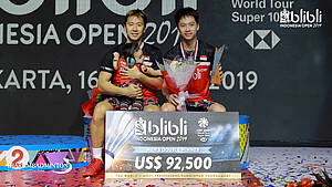 Kevin Sanjaya Sukamuljo/Marcus Fernaldi Gideon (Indonesia) keluar sebagai juara ganda putra Blibli Indonesia Open 2019.