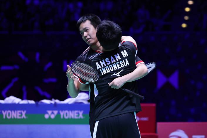 Selebrasi kemenangan Hendra Setiawan/Mohammad Ahsan (Indonesia).