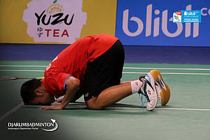 Selebrasi kemenangan Rehan Naufal Kusharjanto (Indonesia).