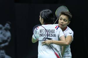 Apriyani Rahayu/Mychelle Crhystine Bandaso runner up ganda putri Mola TV PBSI Home Tournament.