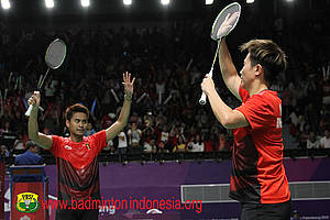 Selebrasi kemenangan Tontowi Ahmad/Liliyana Natsir.