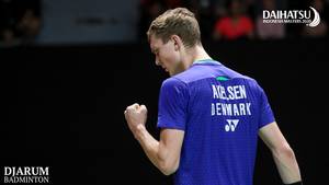 Selebrasi kemenangan Viktor Axelsen (Denmark).
