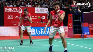 Selebrasi kemenangan Greysia Polii/Apriyani Rahayu.