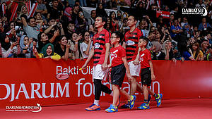 Hendra Setiawan/Mohammad Ahsan (Indonesia) saat memasuki arena pertandingan.