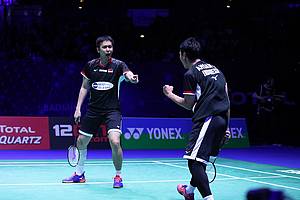 Selebrasi kemenangan Hendra Setiawan/Mohammad Ahsan (Indonesia).