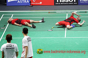 Selebrasi kemenangan Kevin Sanjaya Sukamuljo/Marcus Fernaldi Gideon.