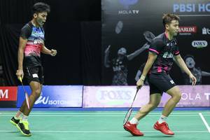 Selebrasi Marcus Fernaldi Gideon/Muhammad Shohibul Fikri.