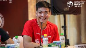 Daniel Marthin saat menghadiri konfrensi pers Kejurnas PBSI 2019.