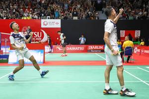 Selebrasi kemenangan Fajar Alfian/Muhammad Rian Ardianto (Indonesia).