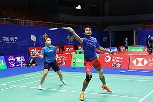 Tontowi Ahmad/Winny Oktavina Kandow (Indonesia) saat sesi latihan di Guangxi Sport Center, Nanning, Tiongkok.
