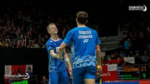 Kim Astrup/Anders Skaarup Rasmussen (Denmark) saat tampil di ajang Daihatsu Indonesia Masters 2019 BWF World Tour Super 500.