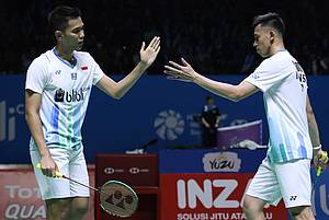 Selebrasi kemenangan Fajar Alfian/Muhammad Rian Ardianto (Indonesia).