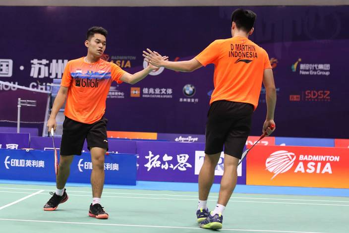 Selebrasi Leo Rolly Carnando/Daniel Marthin (Indonesia).