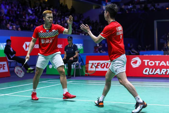 Selebrasi Kevin Sanjaya Sukamuljo/Marcus Fernaldi Gideon (Indonesia).