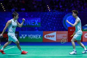 Selebrasi kemenangan Kevin Sanjaya Sukamuljo/Marcus Fernaldi Gideon (Indonesia).
