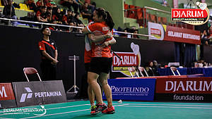 Selebrasi kemenangan Nadiya Melati/Tiara Rosalia Nuraidah (Pertamina Fastron).