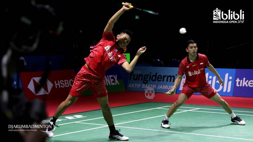 Fajar Alfian/Muhammad Rian Ardianto saat bertanding di Blibli Indonesia Open 2018 BWF World Tour Super 1000.
