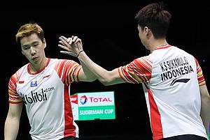 Selebrasi kemenangan Kevin Sanjaya Sukamuljo/Marcus Fernaldi Gideon (Indonesia).