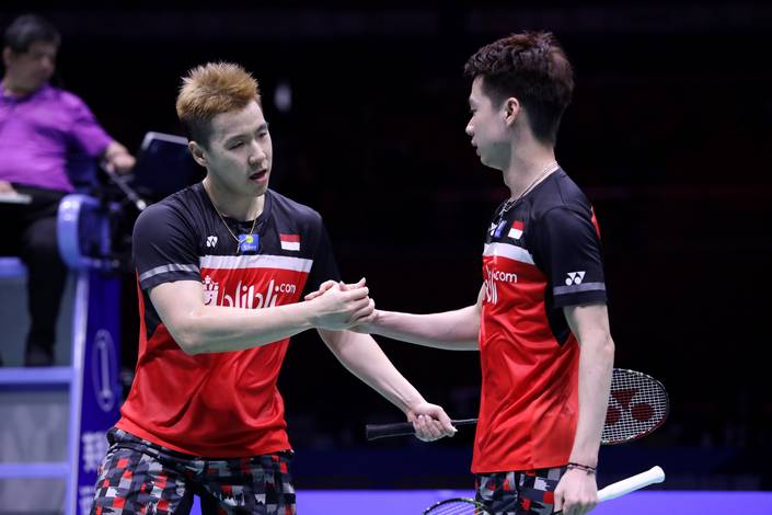 Ekspresi Kevin Sanjaya Sukamuljo/Marcus Fernaldi Gideon (Indonesia).