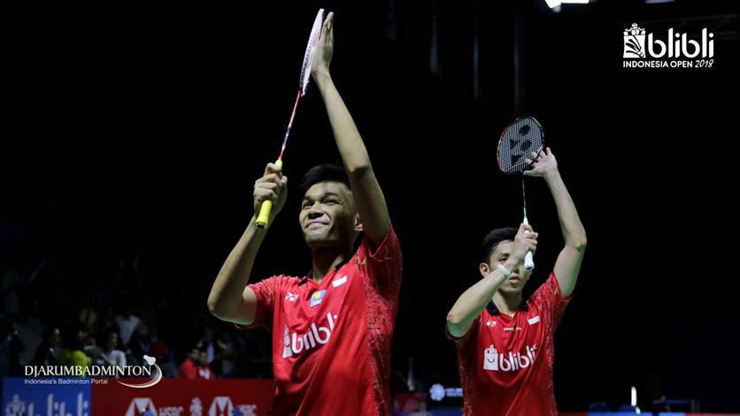 Fajar Alfian/Muhammad Rian Ardianto saat tampil di kejuaraan Blibli Indonesia Open 2018 BWF World Tour Super 1000.