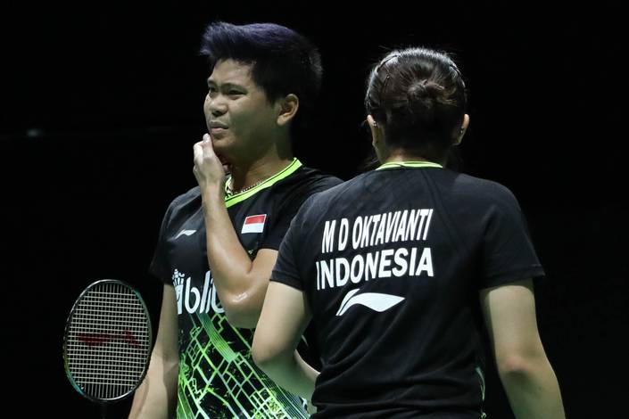 Ekspresi kekecewaan Praveen Jordan/Melati Daeva Oktavianti (Indonesia).