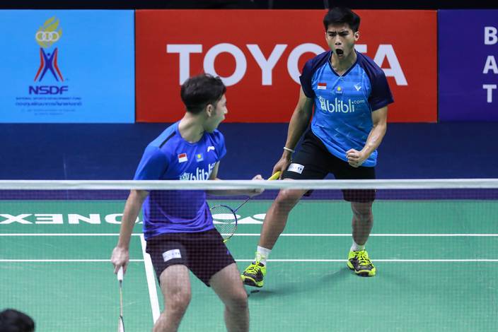 Selebrasi kemenangan Sabar Karyaman Gutama/Moh. Reza Pahlevi Isfahani (Indonesia). (Foto: PP PBSI)