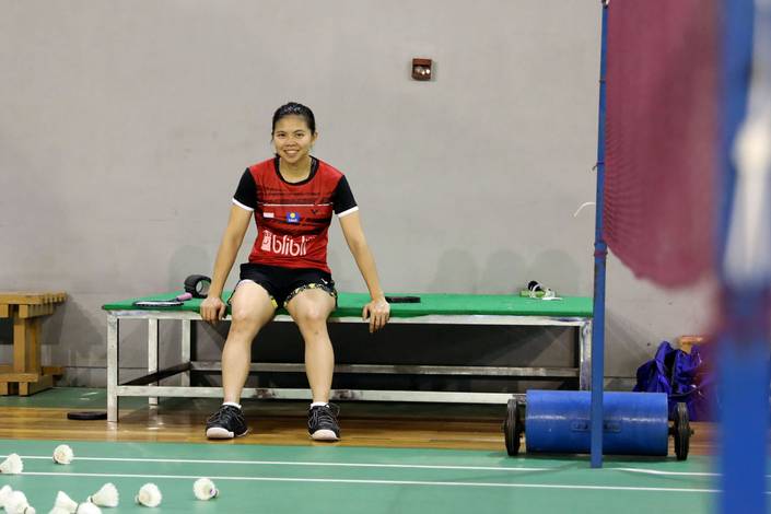 Greysia Polii (Indonesia) saat rehat usai menjalani sesi latihan.