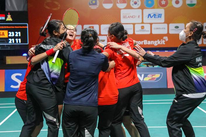 Selebrasi para pemain putri Indonesia di final BATC 2022 (Humas PP PBSI)