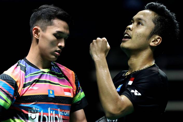 Jonatan Christie (kiri) akan berhadapan dengan Anthony Sinisuka Ginting di babak final Australian Open 2019 BWF World Tour Super 300.
