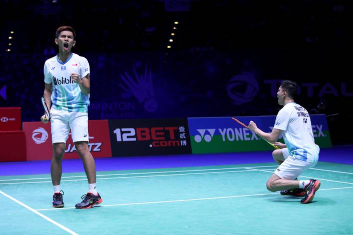 Selebrasi kemenangan Fajar Alfian/Muhammad Rian Ardianto (Indonesia).