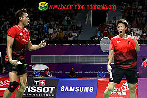 Selebrasi kemenangan Tontowi Ahmad/Liliyana Natsir.
