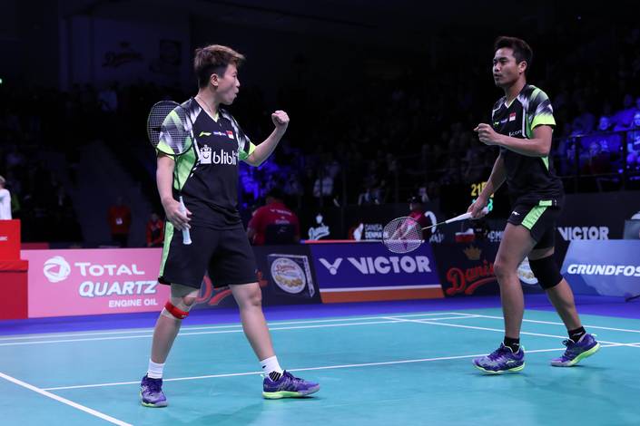 Selebrasi kemenangan Tontowi Ahmad/Liliyana Natsir.