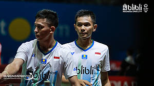 Ekspresi kekecewaan Fajar Alfian/Muhammad Rian Ardianto (Indonesia).