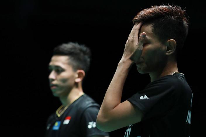 Ekspresi kekecewaan Fajar Alfian/Muhammad Rian Ardianto (Indonesia).