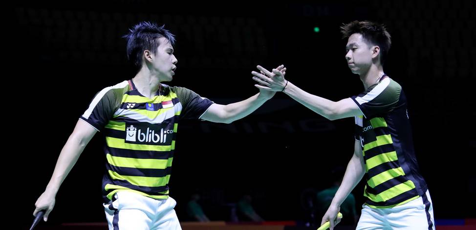 Selebrasi Kevin Sanjaya Sukamujo/Marcus Fernaldi Gideon.