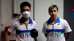 Ganda putra Indonesia, Kevin Sanjaya Sukamuljo/Marcus Fernaldi Gideon usai bertanding. (Foto: PP PBSI)