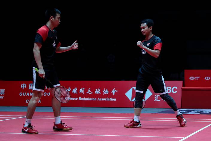 Selebrasi Hendra Setiawan/Mohammad Ahsan (Indonesia).