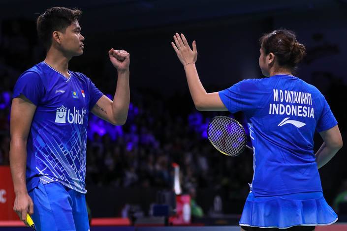 Selebrasi Praveen Jordan/Melati Daeva Oktavianti (Indonesia).