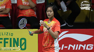 Putri Kusuma Wardani (PB Exist) bersiap melepaskan servis.