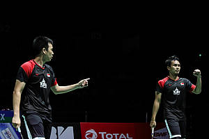 Selebrasi kemenangan Hendra Setiawan/Mohammad Ahsan (Indonesia).