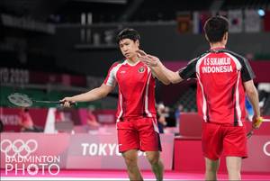 Selebrasi ganda putra Indonesia, Kevin Sanjaya Sukamuljo/Marcus Fernaldi Gideon. (Foto: BADMINTONPHOTO - Shi Tang)
