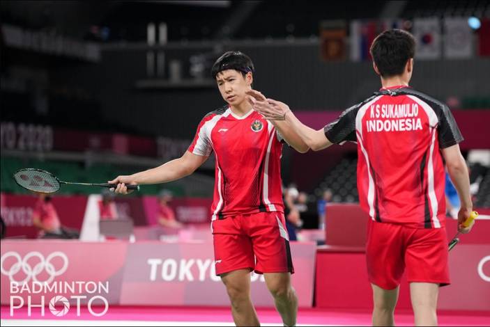 Selebrasi ganda putra Indonesia, Kevin Sanjaya Sukamuljo/Marcus Fernaldi Gideon. (Foto: BADMINTONPHOTO - Shi Tang)