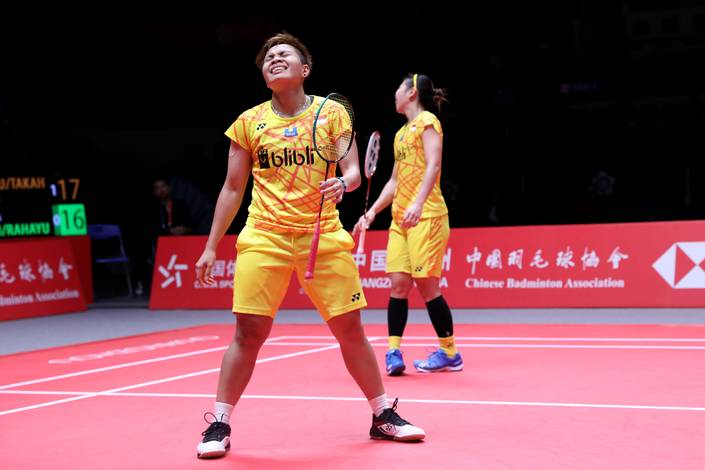 Ekspresi kekecewaan Greysia Polii/Apriyani Rahayu.