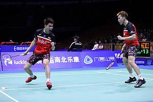 Selebrasi kemenangan Kevin Sanjaya Sukamuljo/Marcus Fernaldi Gideon (Indonesia).