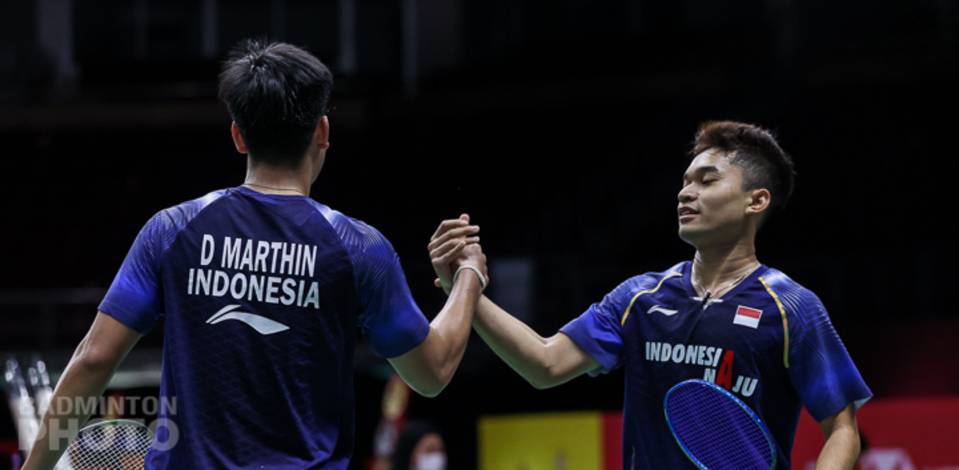 Selebrasi ganda putra Indonesia, Daniel Marthin/Leo Rolly Carnando. (Copyright: Badmintonphoto | Courtesy of BWF)