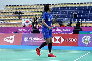 Selebrasi kemenangan Putri Kusuma Wardana (Indonesia).