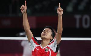 Selebrasi kemenangan Anthony Sinisuka Ginting (Indonesia). (Foto: BADMINTONPHOTO - Yves Lacroix)