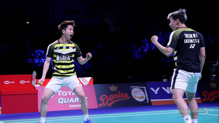 Selebrasi Kevin Sanjaya Sukamuljo/Marcus Fernaldi Gideon.