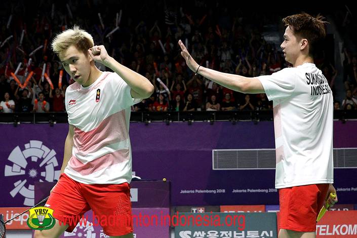 Selebrasi kemenangan Kevin Sanjaya Sukamuljo/Marcus Fernaldi Gideon.